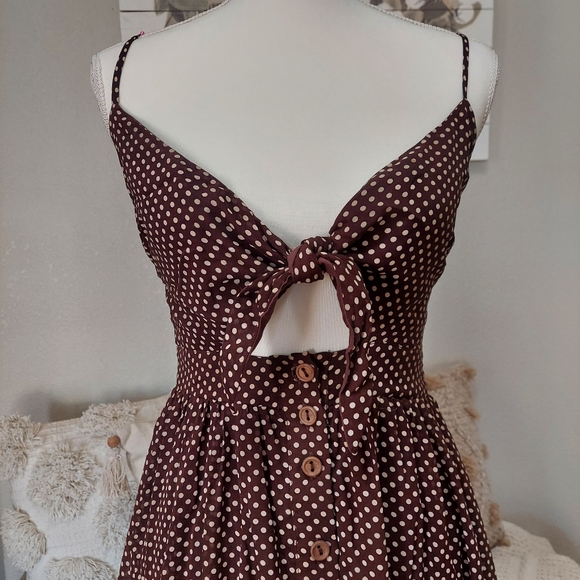 Skylar+Madison Midi Brown Polkadot Flowing Cutout Swing Summer Dress Size Small - Picture 5 of 7